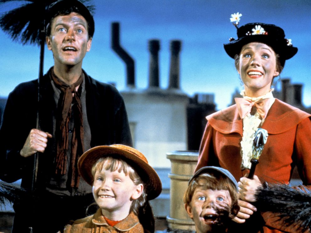 PHOTO: Dick Van Dyke as Bert, Julie Andrews as Mary Poppins, Karen Dotrice as Jane Banks and Matthew Garber as Michael Banks in the Disney musical Mary Poppins, 1964. 